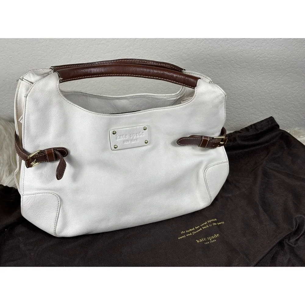 Kate Spade Leather Satchel White Brown Gold Hobo Bag Designer Classic